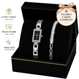 Set Cadou Dama Ceas Akzent Argintiu Dreptunghiular și Brățară Baguette în Cutie Cadou - Moonlight