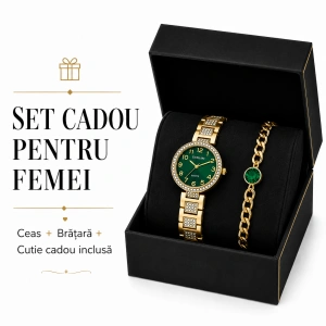 Set Cadou Dama Ceas Excellanc Auriu Cadran Verde și Brățară Cuban Zirconiu în Cutie Cadou - Rhea - Img 3