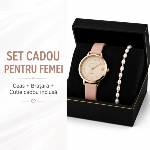 Set Cadou Dama Ceas Excellanc Rose Gold Cadran Auriu și Brățară Perle în Cutie Cadou - Kira - Img 3