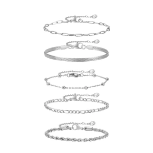 Set 5 Brățări Dama din Oțel Inoxidabil Argintiu – Model Plat, Figaro, Răsucit, Zale & Bile