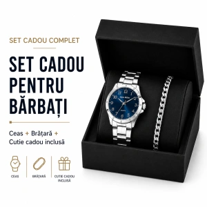 Set Cadou Bărbați Ceas Alain Miller Argintiu și Brățară Inox în Cutie Cadou - Atlas - Img 3