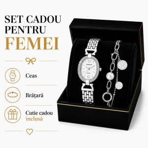 Set Cadou Dama Ceas Excellanc Argintiu Oval Cadran Alb și Brățară Paperclip cu Perlă în Cutie Cadou - Lyra - Img 3