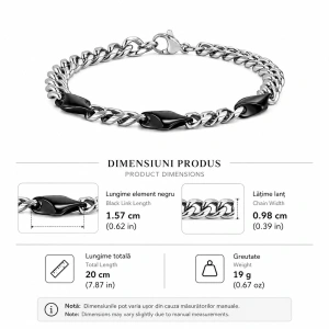 Bratara barbati cuban link din otel inoxidabil argintiu cu elemente romboidale negre dimensiuni 20cm 19g