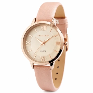 Ceas de damă Excellanc rose gold cu cadran auriu cifre romane și curea roz 