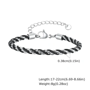 Bratara barbati din otel argintiu si snur negru grosime 3.8mm lungime 17-22cm