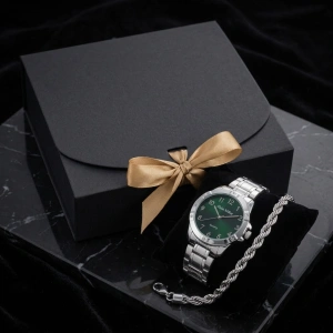 set-cadou-barbati-ceas-argintiu-cadran-verde-bratara-twist-rope-inox