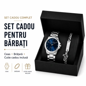 Set Cadou Bărbați Ceas Alain Miller Argintiu și Brățară Inox în Cutie Cadou - Wave - Img 4