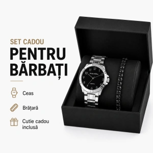 Set Cadou Bărbați Ceas Argintiu Cadran Negru și Brățară Tennis în Cutie Cadou - Shadow - Img 3