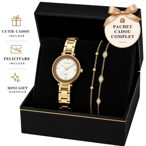 Set Cadou Dama Ceas Excellanc Auriu Cadran Sidefat și Brățară Dublă Marquise în Cutie Cadou - Selene