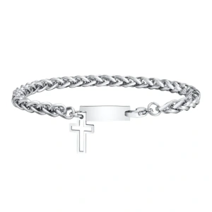 Brățară Bărbați Franco/Wheat Chain din Oțel Inoxidabil Argintiu cu Pandantiv Cruce și Plăcuță ID Gravabilă (21 cm)