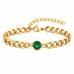 Brățară Damă din Oțel Inoxidabil Aurit Zale Cuban cu Cristal Zirconiu Verde Smarald