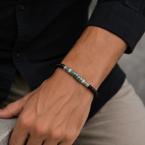 Brățară din Pietre Naturale (Agat Negru & Cilindri din Iasp de Mușchi / Moss Agate Verde) cu Închizătoare din Oțel Inoxidabil - Img 2