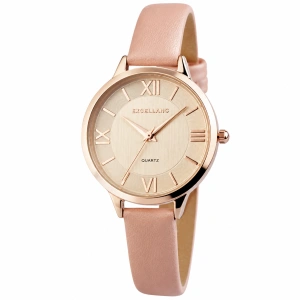 Ceas de Damă Elegant Excellanc Rose Gold Rotund cu Cadran Auriu și Curea Roz