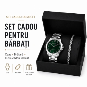 Set Cadou Bărbați Ceas Alain Miller Argintiu Cadran Verde și Brățară Inox în Cutie Cadou - Polaris - Img 3