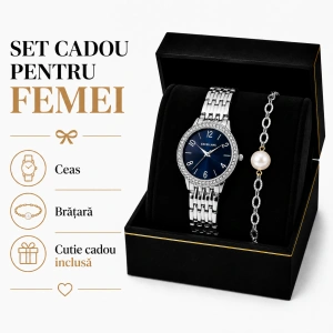Set Cadou Dama Ceas Excellanc Argintiu Cadran Albastru și Brățară Perle în Cutie Cadou - Celeste - Img 3