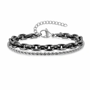 Brățară Bărbați Dublă din Oțel Inoxidabil Argintiu Învechit (Ancient Silver) – Lanț Zale & Rope Chain (18-23 cm)