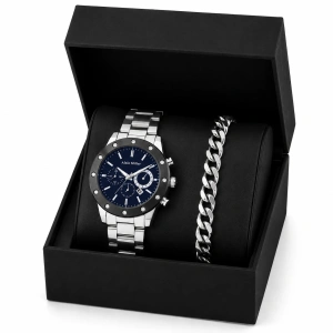 Set Cadou Bărbați Ceas Alain Miller Argintiu-Negru Cadran Albastru și Brățară Cuban Inox în Cutie Cadou - Titan