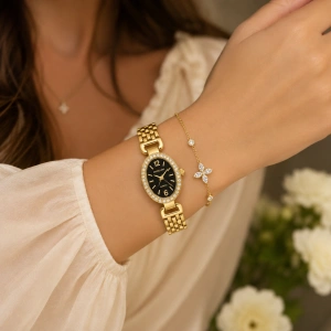 Set Cadou Dama Ceas Excellanc Auriu Oval și Brățară Florală Zirconiu în Cutie Cadou - Estelle - Img 2