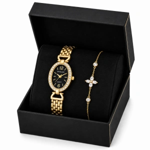 Set Cadou Dama Ceas Excellanc Auriu Oval și Brățară Florală Zirconiu în Cutie Cadou - Estelle