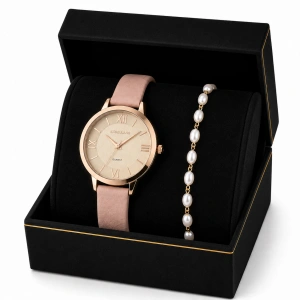 Set Cadou Dama Ceas Excellanc Rose Gold Cadran Auriu și Brățară Perle în Cutie Cadou - Kira