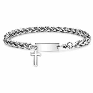 Brățară Bărbați Franco/Wheat Chain din Oțel Inoxidabil cu Pandantiv Cruce și Plăcuță ID Gravabilă (21 cm)
