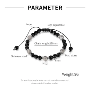 Diagrama dimensiuni bratara unisex pietre naturale negre si verzi 6mm cu snur reglabil 27cm si greutate 9g
