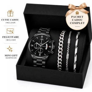Set Cadou Bărbați Ceas Geneva Negru și 3 Bratari Argintii în Cutie Cadou - Geneva III