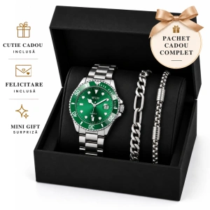 Set Cadou Bărbați Ceas Meibo Verde și 2 Brățarări Argintii în Cutie Cadou - Meibo V