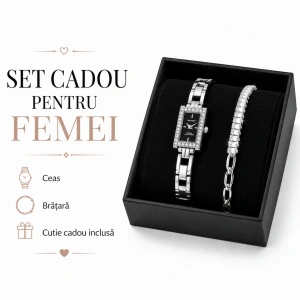 Set Cadou Dama Ceas Akzent Argintiu Dreptunghiular și Brățară Baguette în Cutie Cadou - Moonlight - Img 3