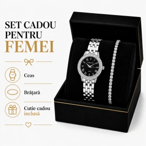 Set Cadou Dama Ceas Excellanc Argintiu cu Cristale și Brățară Tennis în Cutie Cadou - Stella - Img 3