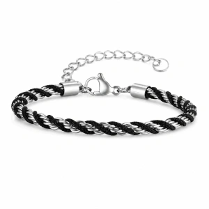 Brățară Bărbați din Oțel Inoxidabil Argintiu și Snur Împletit Negru 3.8 mm (17-22 cm)