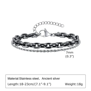 Brățară Bărbați Dublă din Oțel Inoxidabil Argintiu Învechit (Ancient Silver) – Lanț Zale & Rope Chain (18-23 cm)