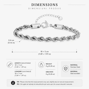 Bratara barbati rope chain din otel inoxidabil argintiu grosime 4mm lungime 18-23cm