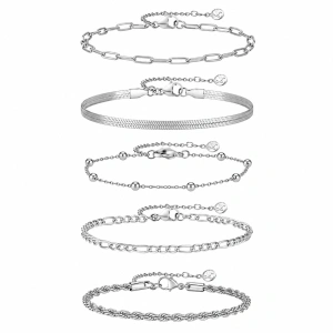 Set 5 Brățări Dama din Oțel Inoxidabil Argintiu – Model Plat, Figaro, Răsucit, Zale & Bile
