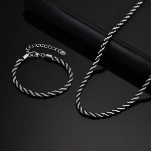 Set Bărbați Lanț și Brățară din Oțel Inoxidabil Argintiu și Șnur Împletit Negru Rope Twist (3.8 mm)