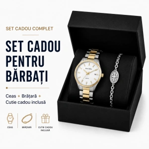 Set Cadou Bărbați Ceas Alain Miller Argintiu și Brățară Inox în Cutie Cadou - Sirius - Img 3