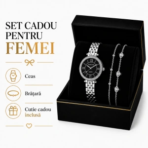 Set Cadou Dama Ceas Excellanc Argintiu cu Cadran Gri și Brățară Dublă cu Cristale în Cutie Cadou - Equinox - Img 3