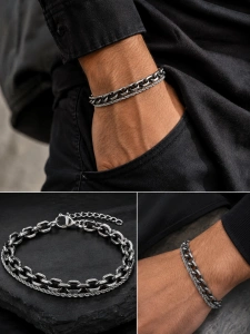 Bratara barbati dublu strat lant zale 7mm si rope chain finisaj ancient silver pe mana