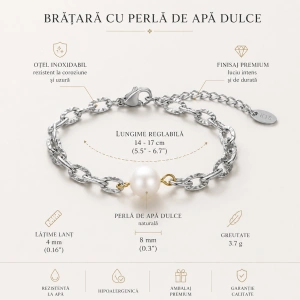 Bratara dama din otel inoxidabil argintiu texturat cu perla de apa dulce 8mm