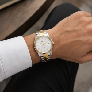 Ceas Alain Miller Bicolor Argintiu / Auriu – Cadran Argintiu cu Dată (Brățară Metalică 23.5 cm) - Img 2