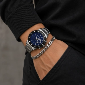 Set Cadou Bărbați Ceas Alain Miller Argintiu-Negru Cadran Albastru și Brățară Cuban Inox în Cutie Cadou - Titan - Img 2