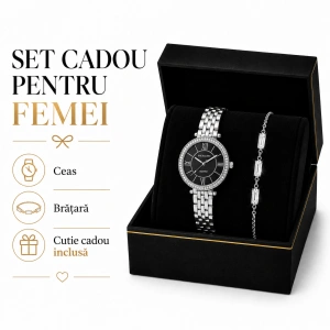 Set Cadou Dama Ceas Excellanc Argintiu cu Cadran Gri și Brățară cu Cristale în Cutie Cadou - Nova - Img 3