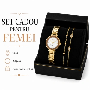 Set Cadou Dama Ceas Excellanc Auriu Cadran Sidefat și Brățară Dublă Marquise în Cutie Cadou - Selene - Img 3