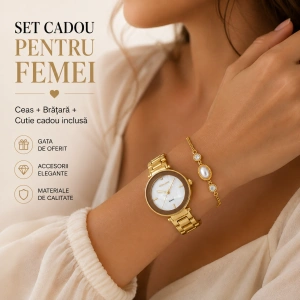Set Cadou Dama Ceas Excellanc Auriu Cadran Sidefat și Brățară Sidef Ovală în Cutie Cadou - Opaline - Img 4