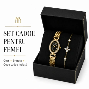 Set Cadou Dama Ceas Excellanc Auriu Oval și Brățară Florală Zirconiu în Cutie Cadou - Estelle - Img 3