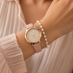 Set Cadou Dama Ceas Excellanc Rose Gold Cadran Auriu și Brățară Perle în Cutie Cadou - Kira - Img 2