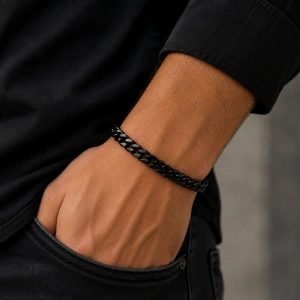 Bratara barbati din otel inoxidabil argintiu si snur textil negru model rasucit grosime 3.8mm lungime 17-22cm