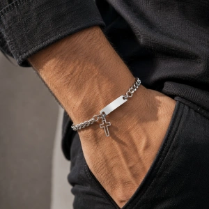 Bratara barbati dublu strat lant zale 7mm si rope chain finisaj ancient silver pe blat din lemn
