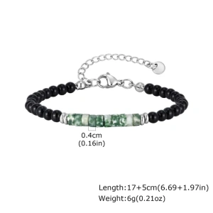 Brățară din Pietre Naturale (Agat Negru & Cilindri din Iasp de Mușchi / Moss Agate Verde) cu Închizătoare din Oțel Inoxidabil