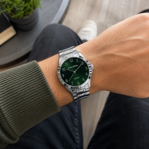 Ceas Bărbătesc Alain Miller Argintiu – Cadran Verde cu Cifre Arabe (Brățară Metalică 22 cm) - Img 2